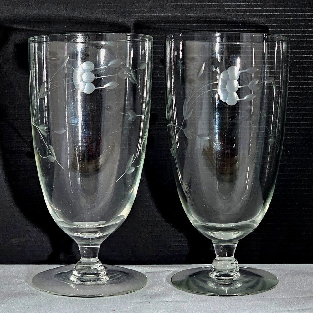 2 Princess House Heritage Etched Ice Tea Glasses 6” vintage crystal floral flaw